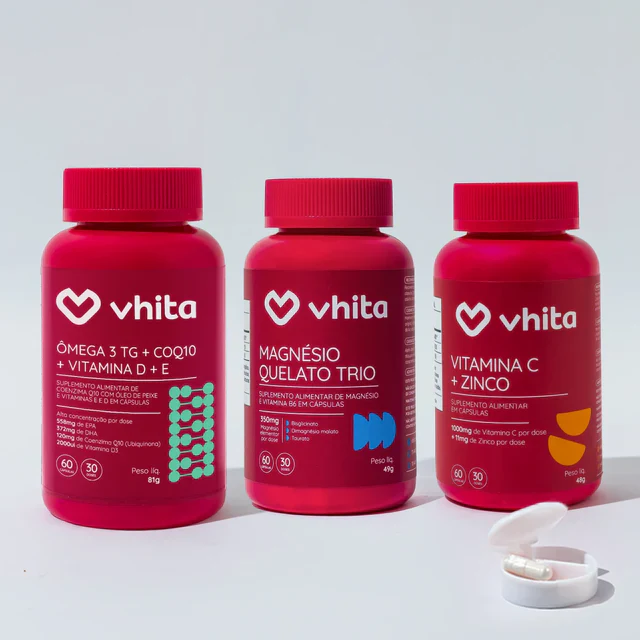 Kit Base da Saúde: Ômega 3 em 1 + Magnésio Quelato Trio. Ganhe Vitamina C e Porta Cápsulas de brinde